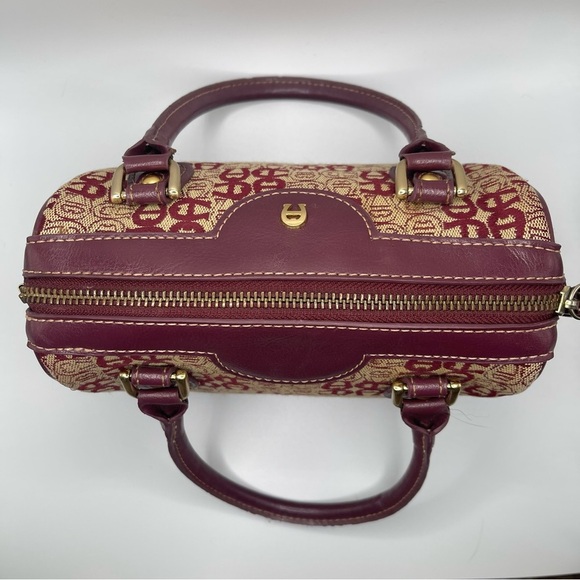 Etienne Aigner Vintage Handbag Burgundy Dark‎ Red Leather Tan Canvas Logo Purse - Picture 8 of 11